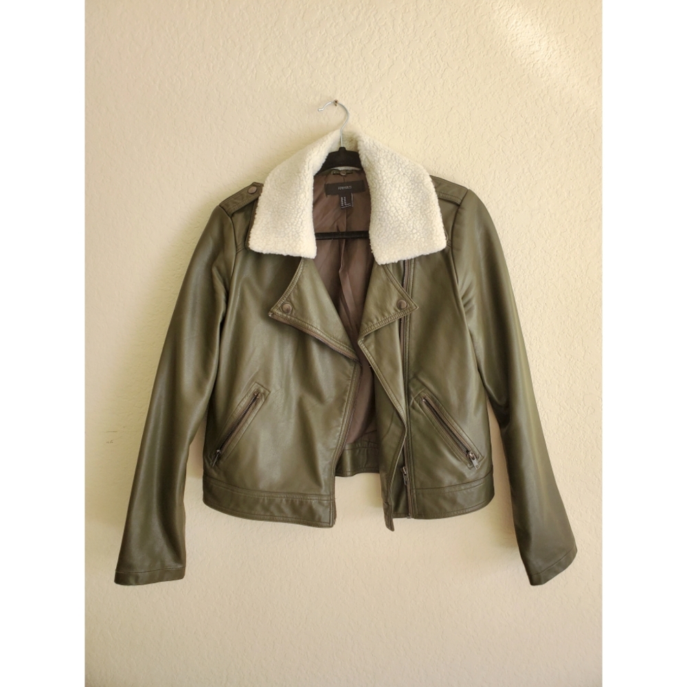Faux Leather Shearling Olive Motor Jacket